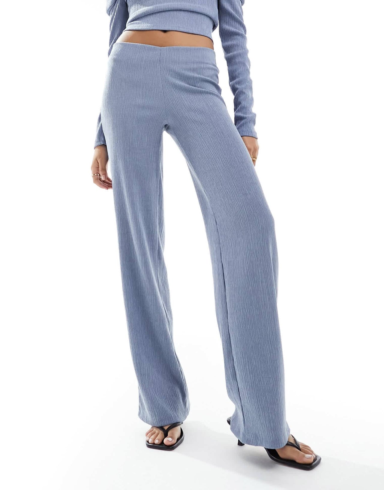 Bershka crinkle flared trousers co-ord in blue