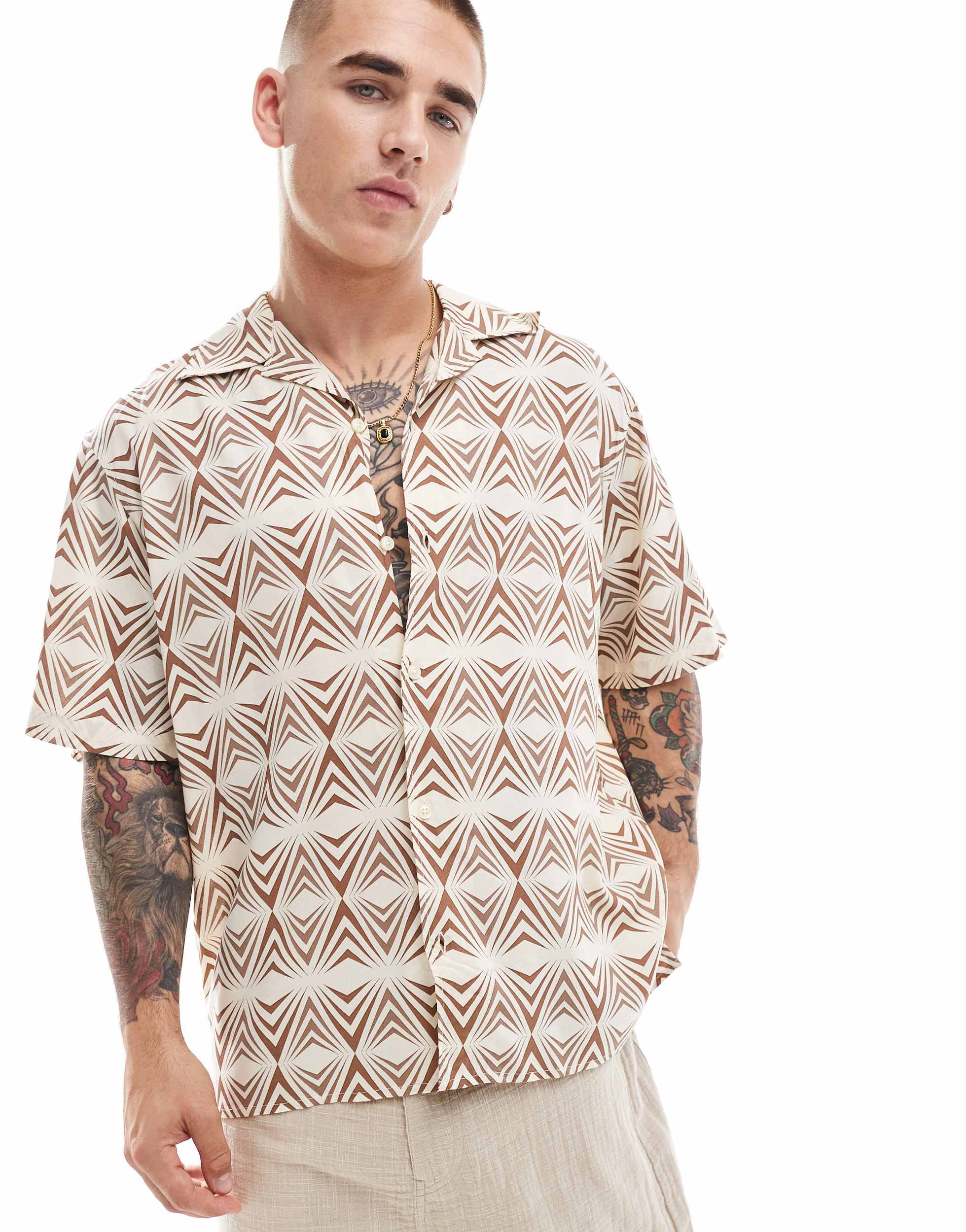 Selected short sleeve shirt with geo print in beige