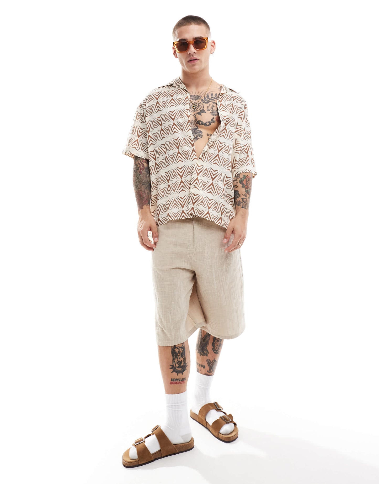 Selected short sleeve shirt with geo print in beige
