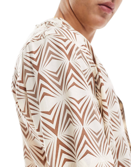 Selected short sleeve shirt with geo print in beige