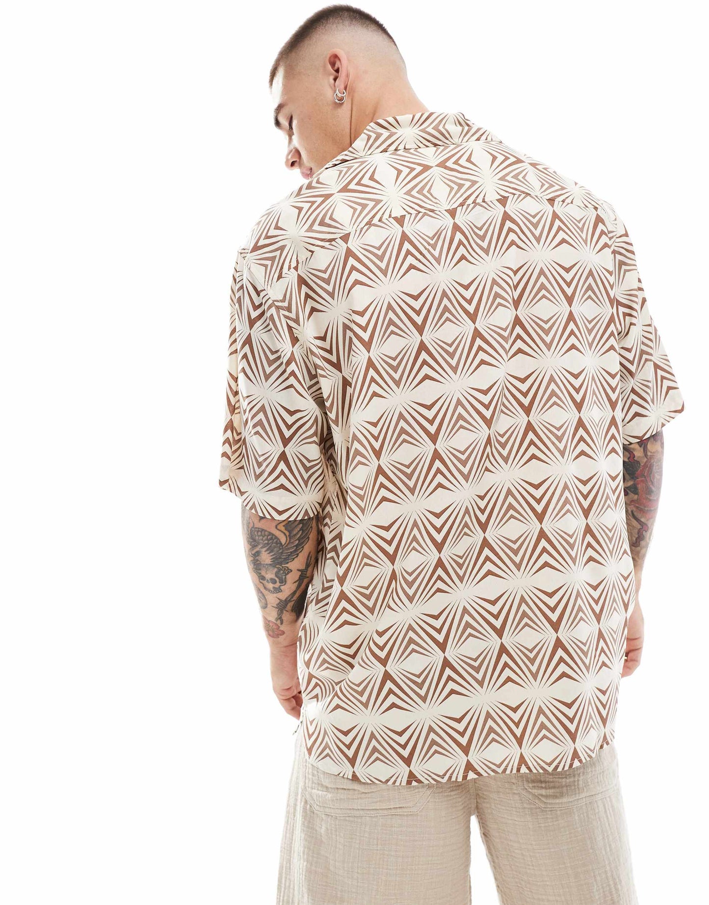Selected short sleeve shirt with geo print in beige