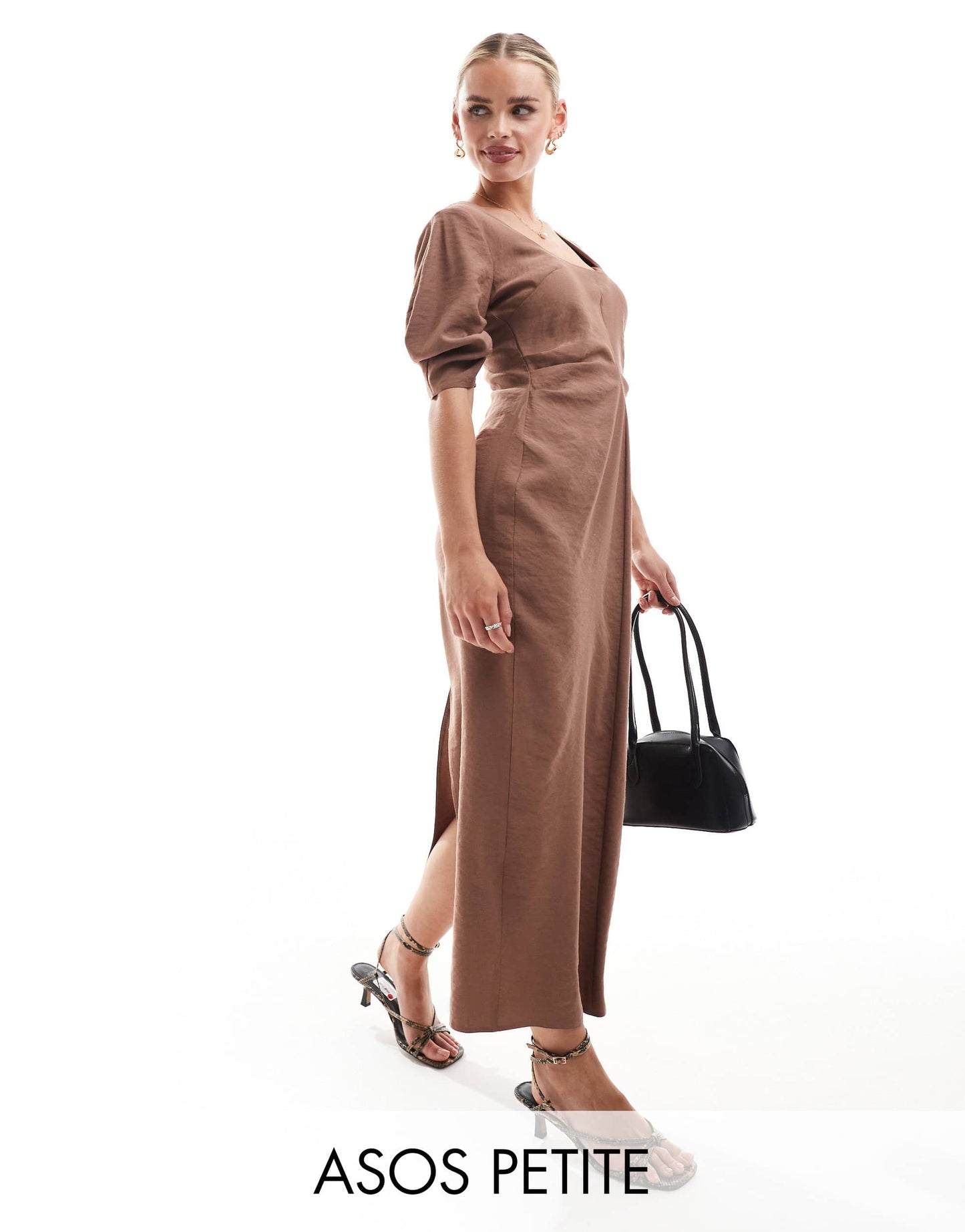 ASOS DESIGN Petite scoop neck pleated waist midi dress in mocha