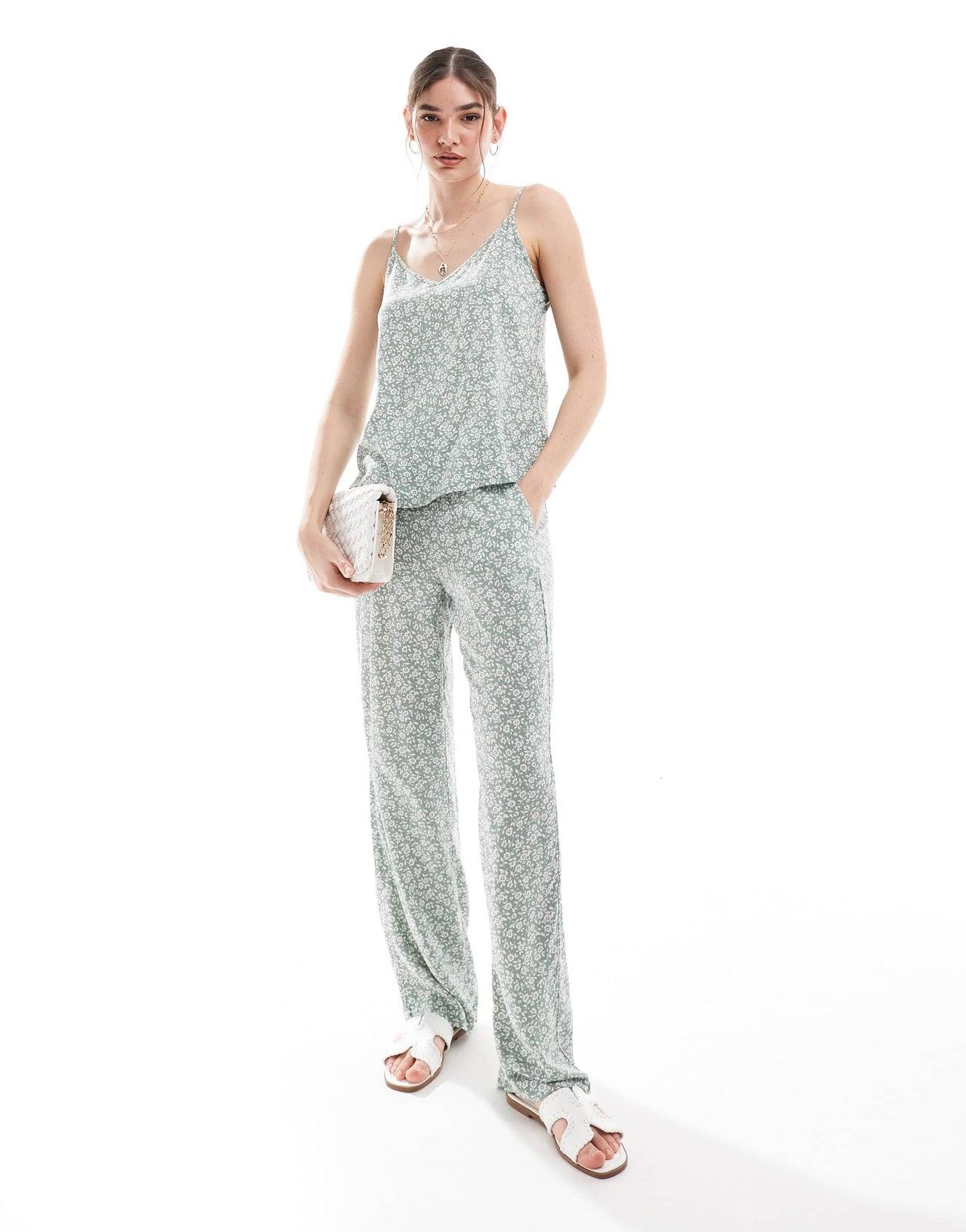 Vero Moda v neck cami top co-ord in sage floral