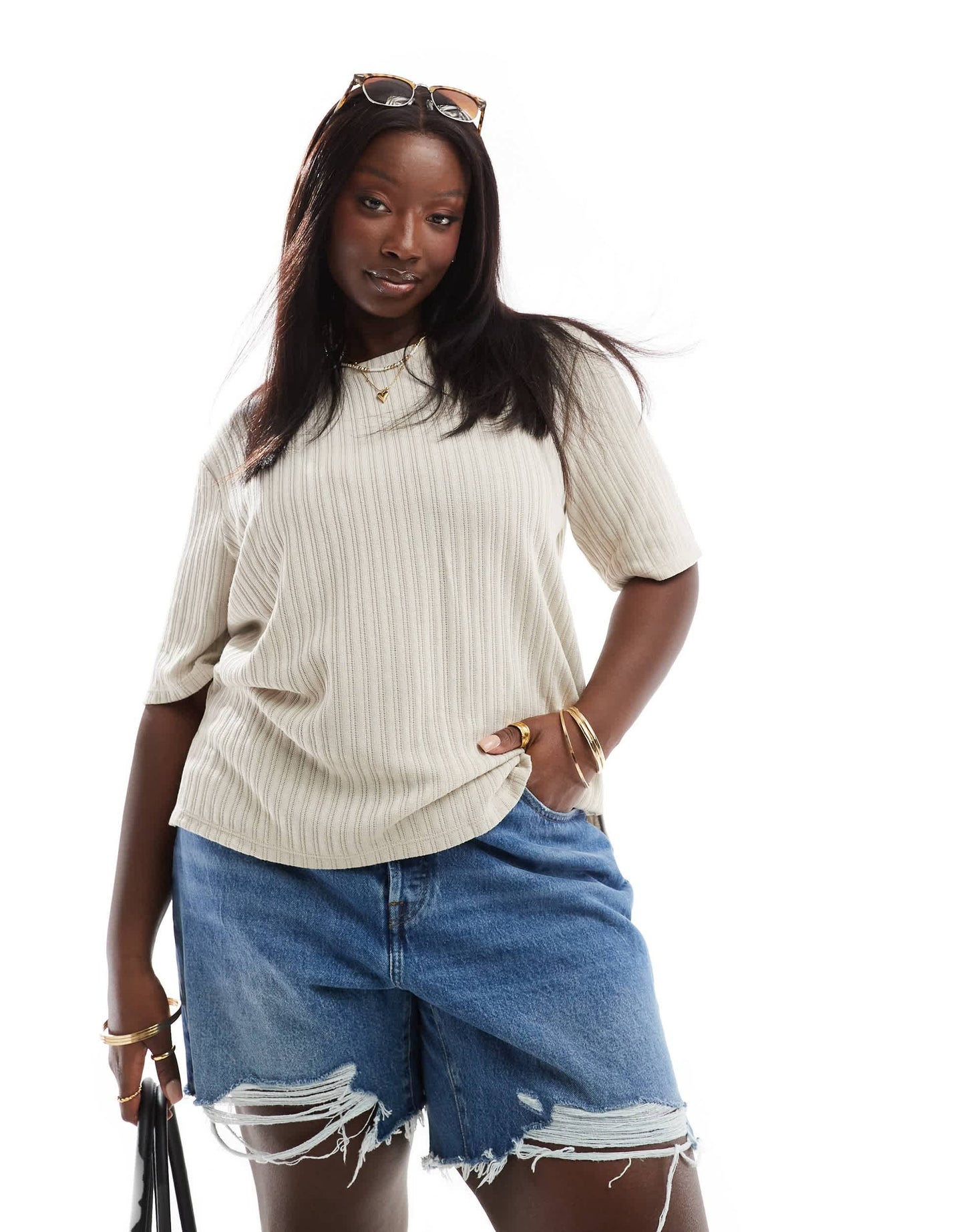 Vero Moda Curve ribbed knit t-shirt co-ord in cream