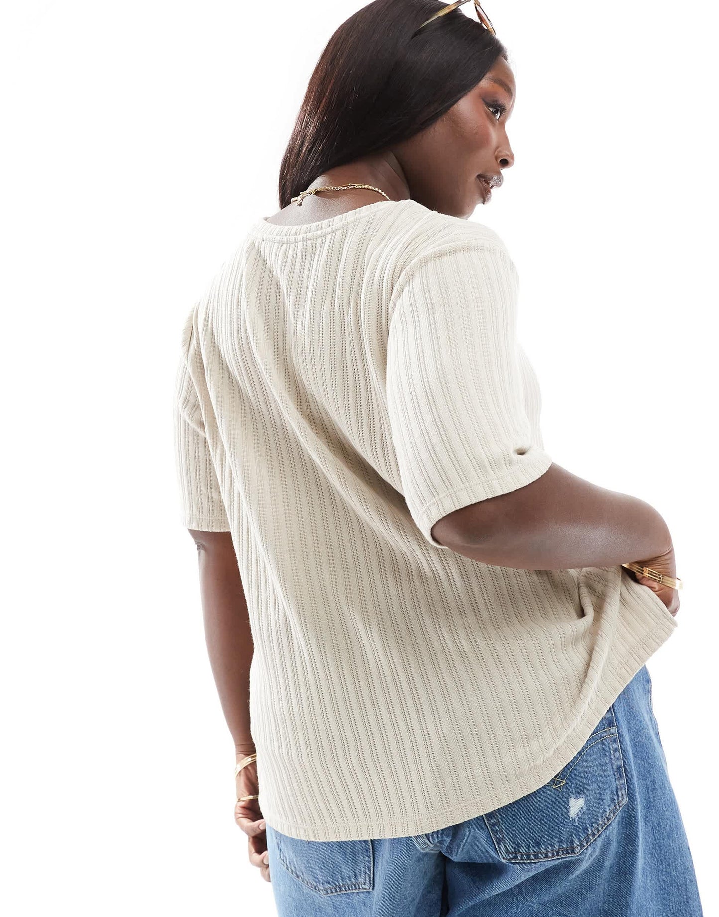 Vero Moda Curve ribbed knit t-shirt co-ord in cream