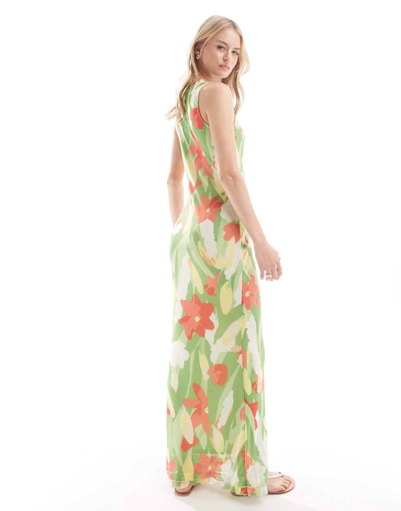 Vero Moda Tall sleeveless lettuce edge mesh dress in green floral print