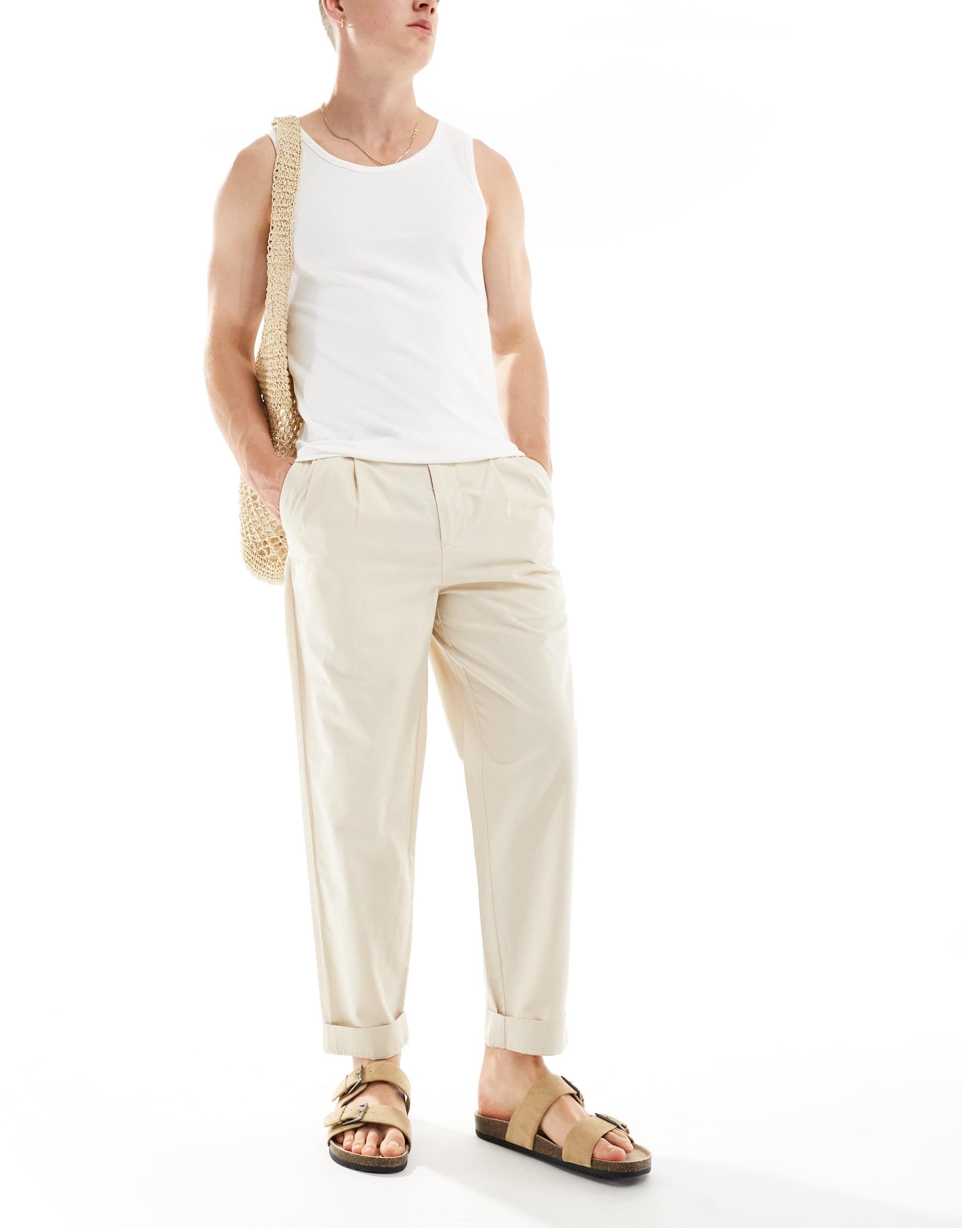 Selected relaxed fit crop trousers in cream