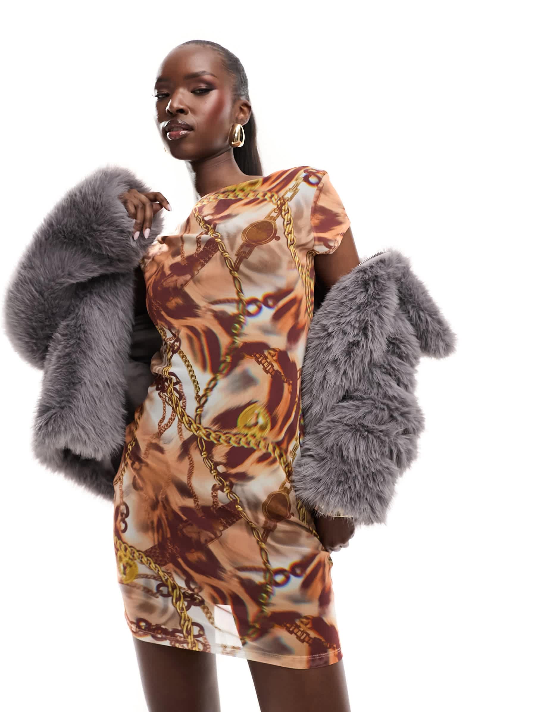 ASOS DESIGN cap sleeve low back detail mini dress in chain print