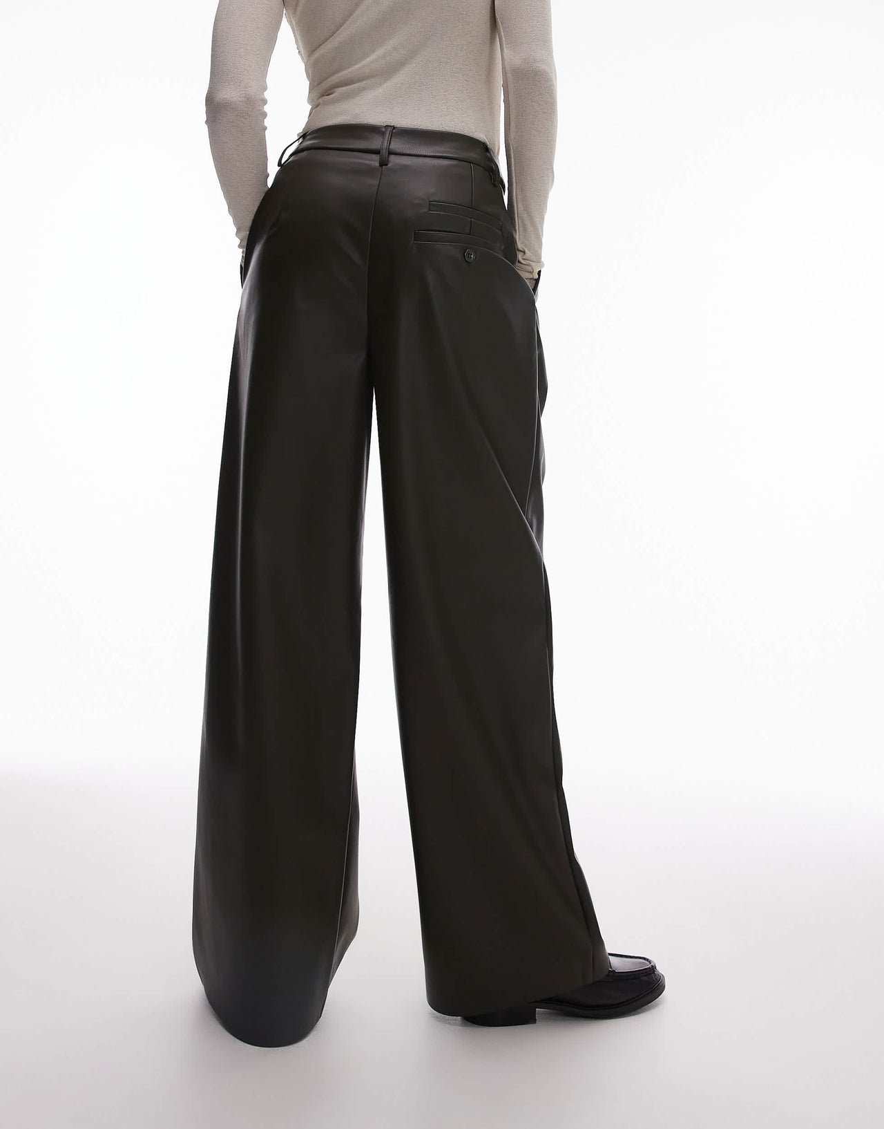 Topshop faux leather wide leg tailored trouser in khaki
