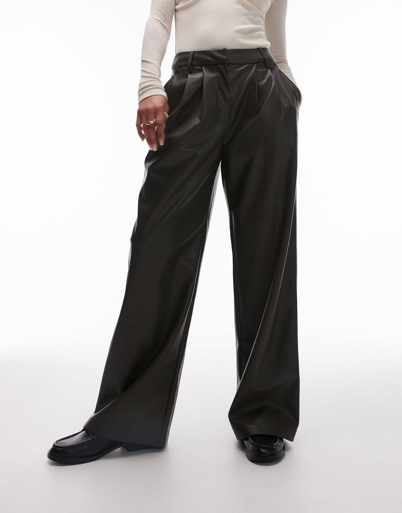 Topshop faux leather wide leg tailored trouser in khaki