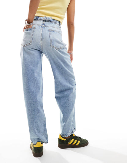 ASOS DESIGN cinched waist barrel leg jean in light mid blue