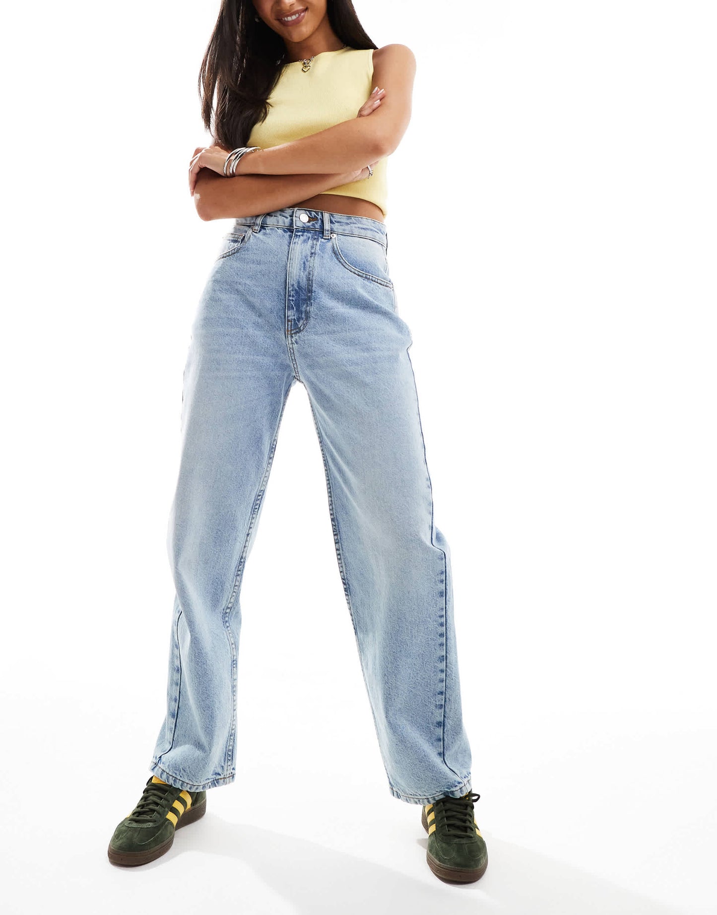 ASOS DESIGN cinched waist barrel leg jean in light mid blue