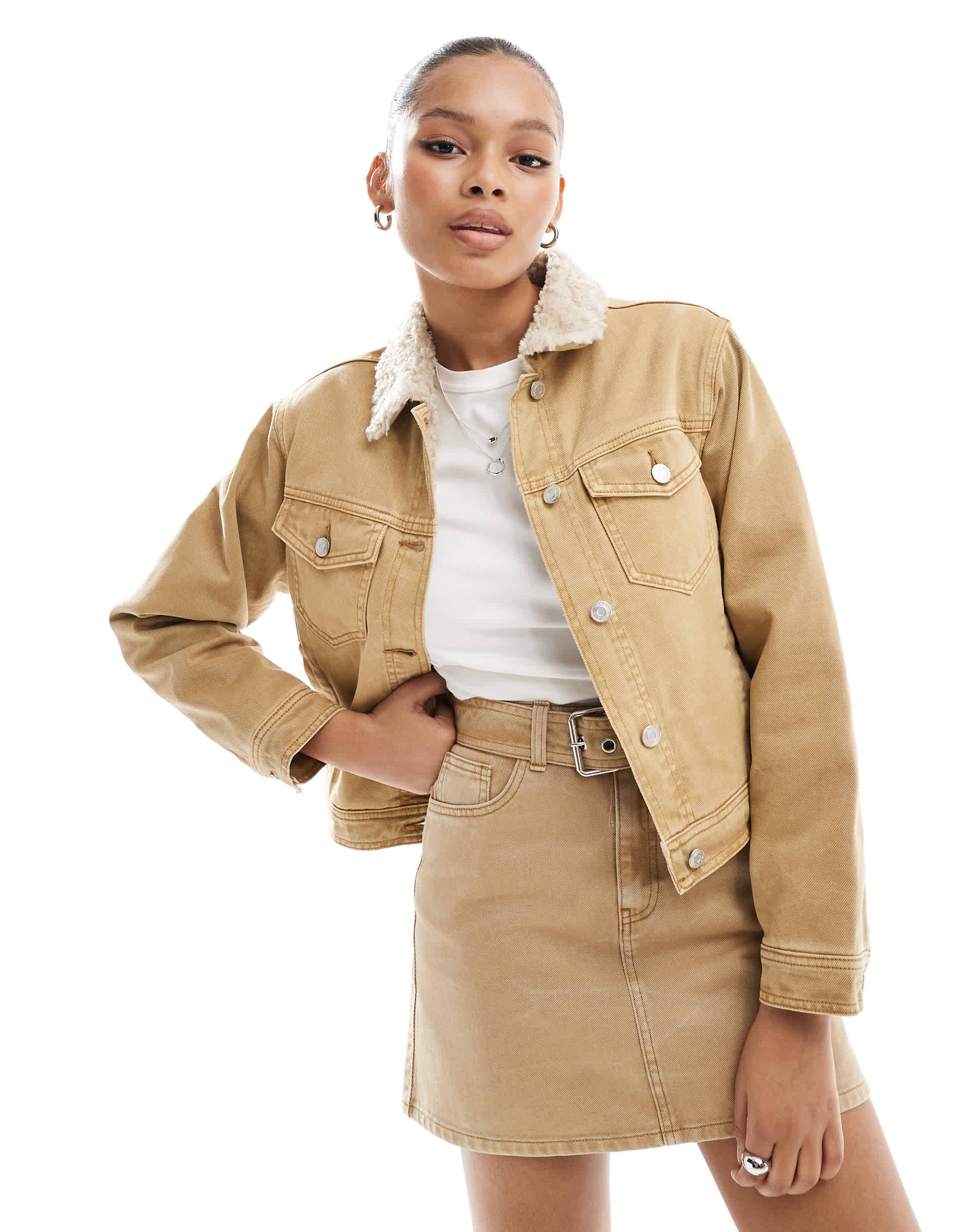 ASOS DESIGN denim borg jacket in wash camel co-ord