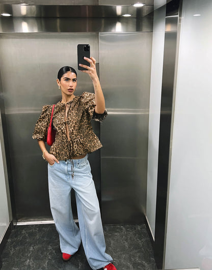 ASOS DESIGN cotton poplin peplum tie shirt top in leopard print
