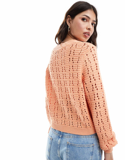 ASOS DESIGN tie front open stitch cardigan in peach