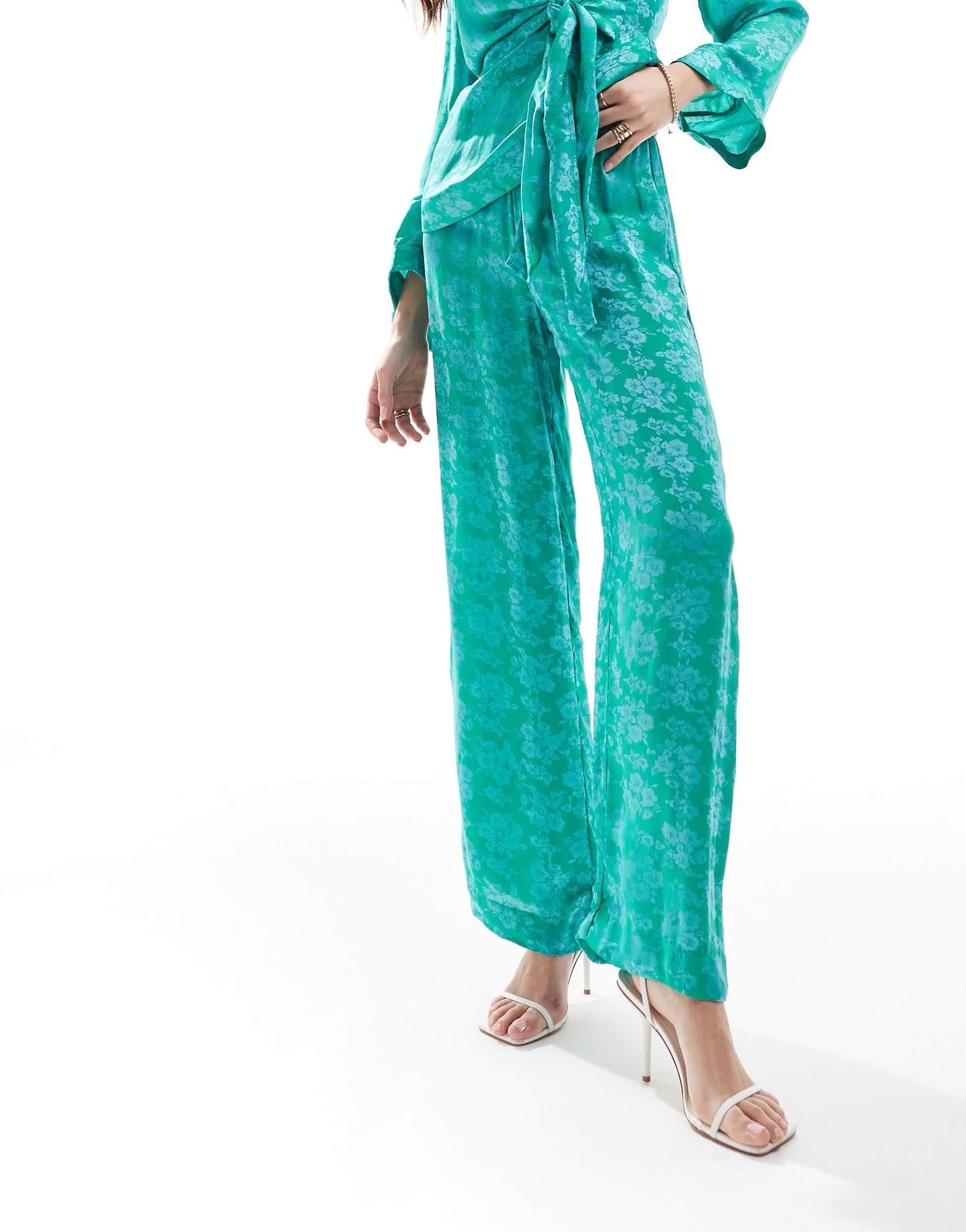 YAS satin wide leg trosuers co-ord in teal jacquard floral - TURQUOISE