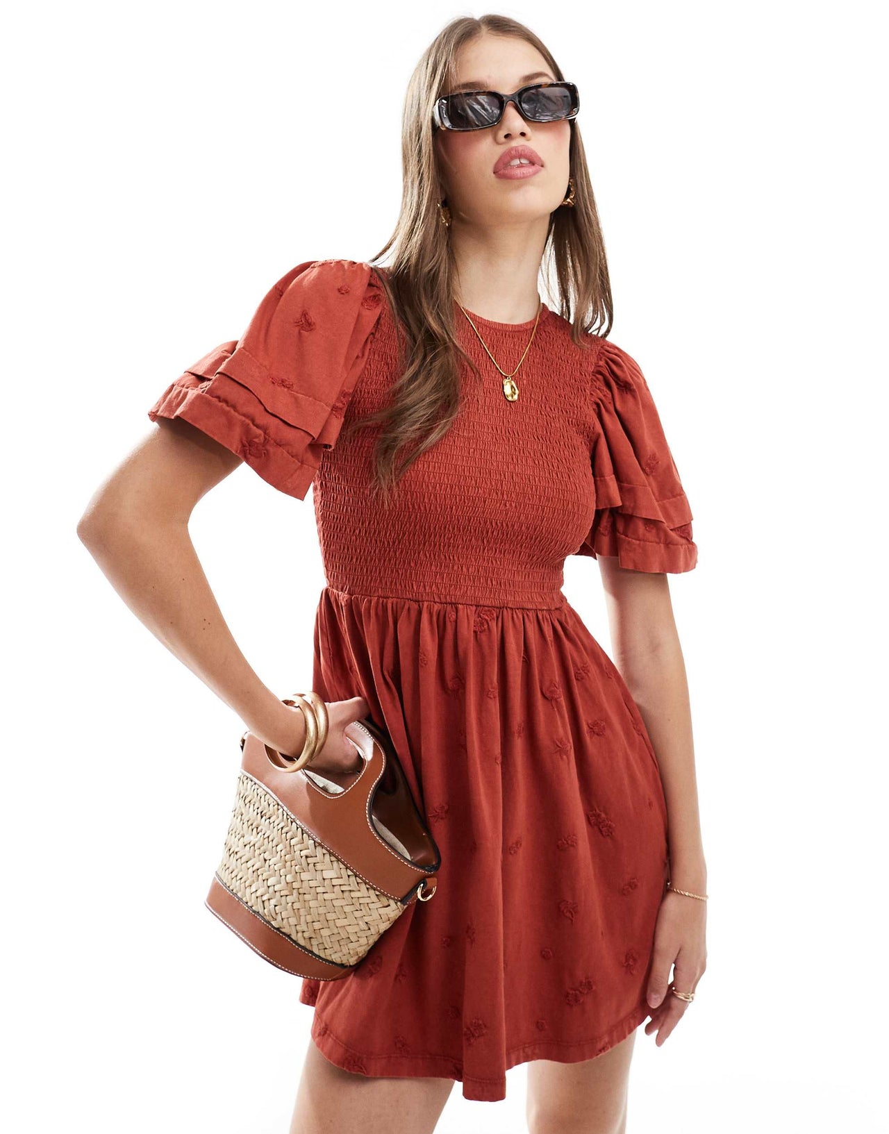 ASOS DESIGN puff sleeve mini dress with embroidery in red acid wash