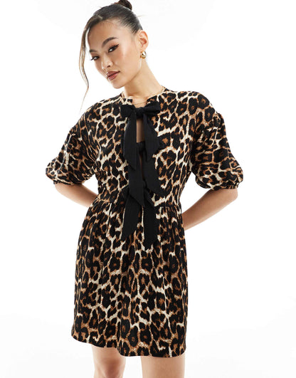 ASOS DESIGN puff sleeve tie front mini dress in leopard print