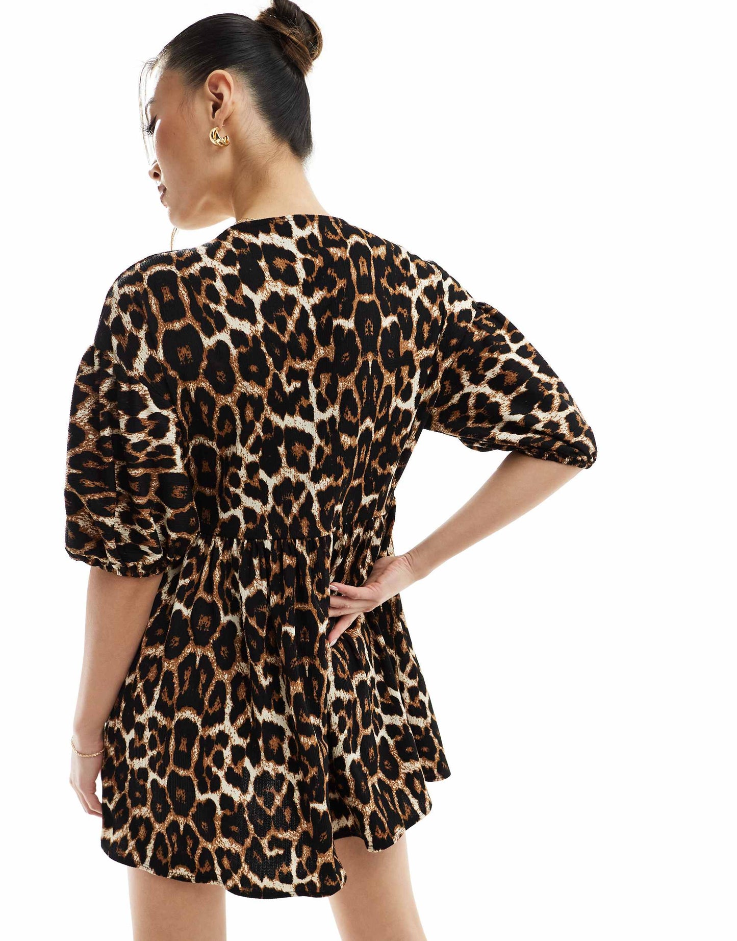 ASOS DESIGN puff sleeve tie front mini dress in leopard print