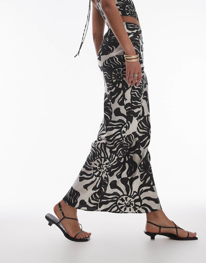 Topshop Tall Co-ord satin twill bias maxi skirt in mono fern smudge print
