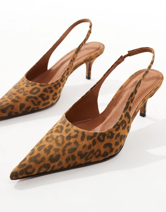 ASOS DESIGN Solo premium leather slingback mid heeled shoes in leopard