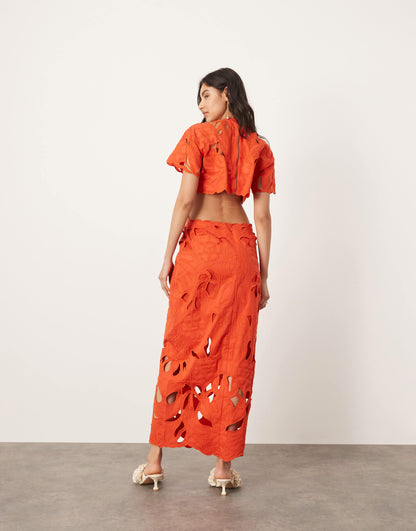 ASOS EDITION floral cut work cut out waist midi dress in red