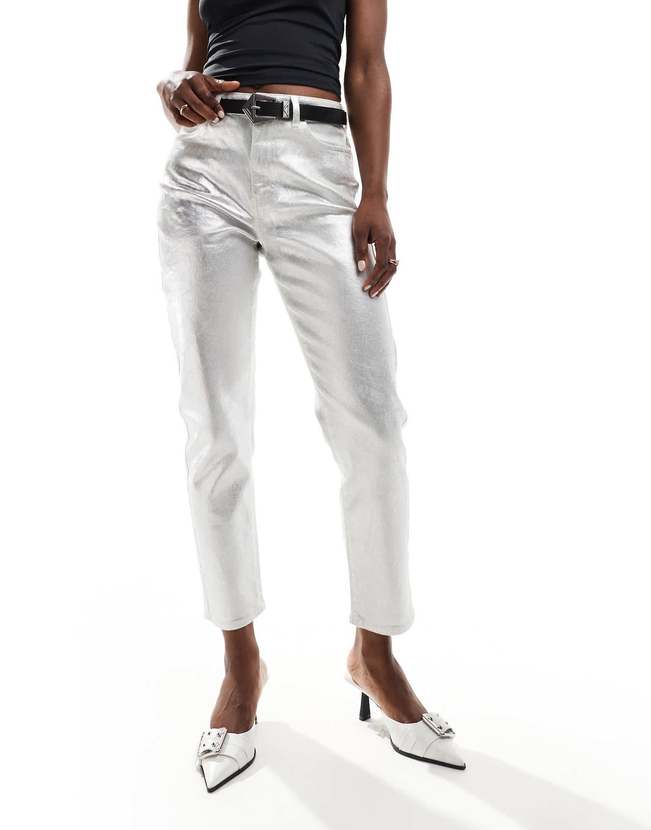 New Look metallic straight leg jean in silver