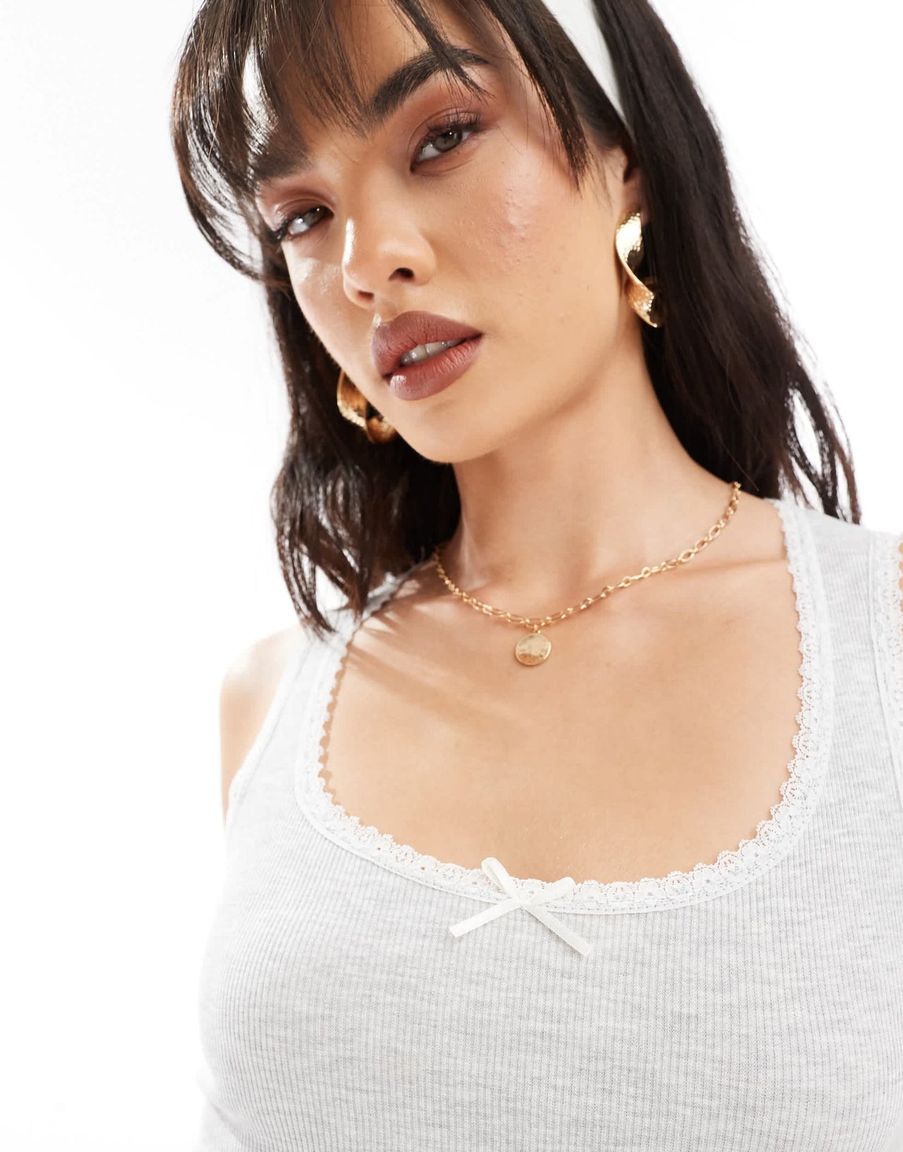 New Look lace trim vest in grey