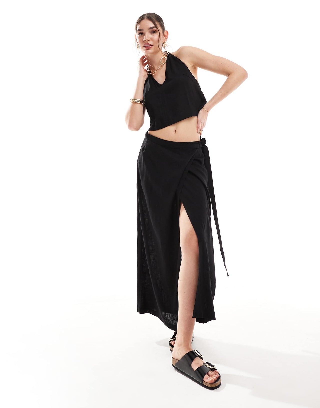 JJXX co-ord linen mix wrap maxi skirt in black