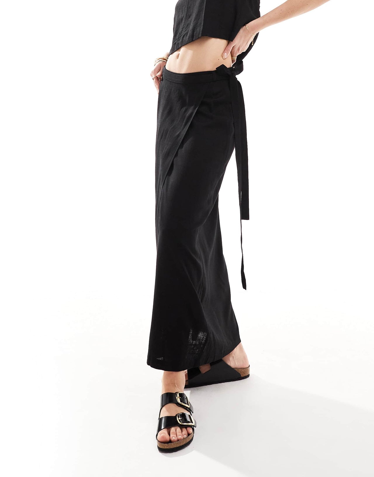 JJXX co-ord linen mix wrap maxi skirt in black