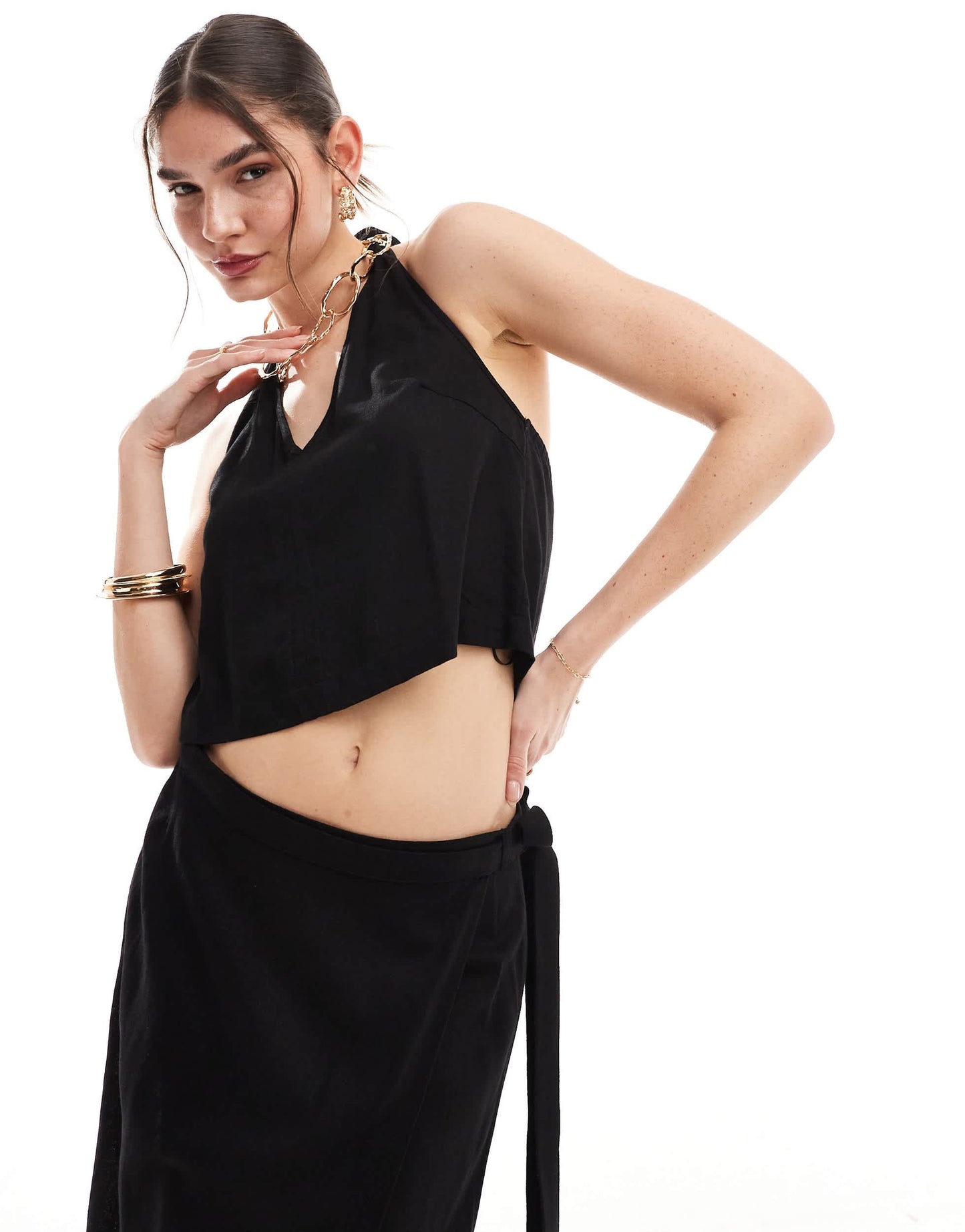 JJXX co-ord linen mix halterneck top in black