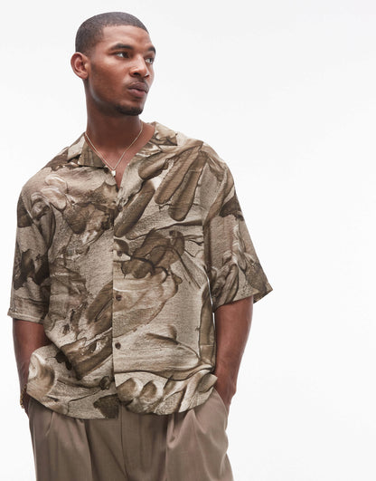 Topman short sleeve relaxed metal print shirt in brown