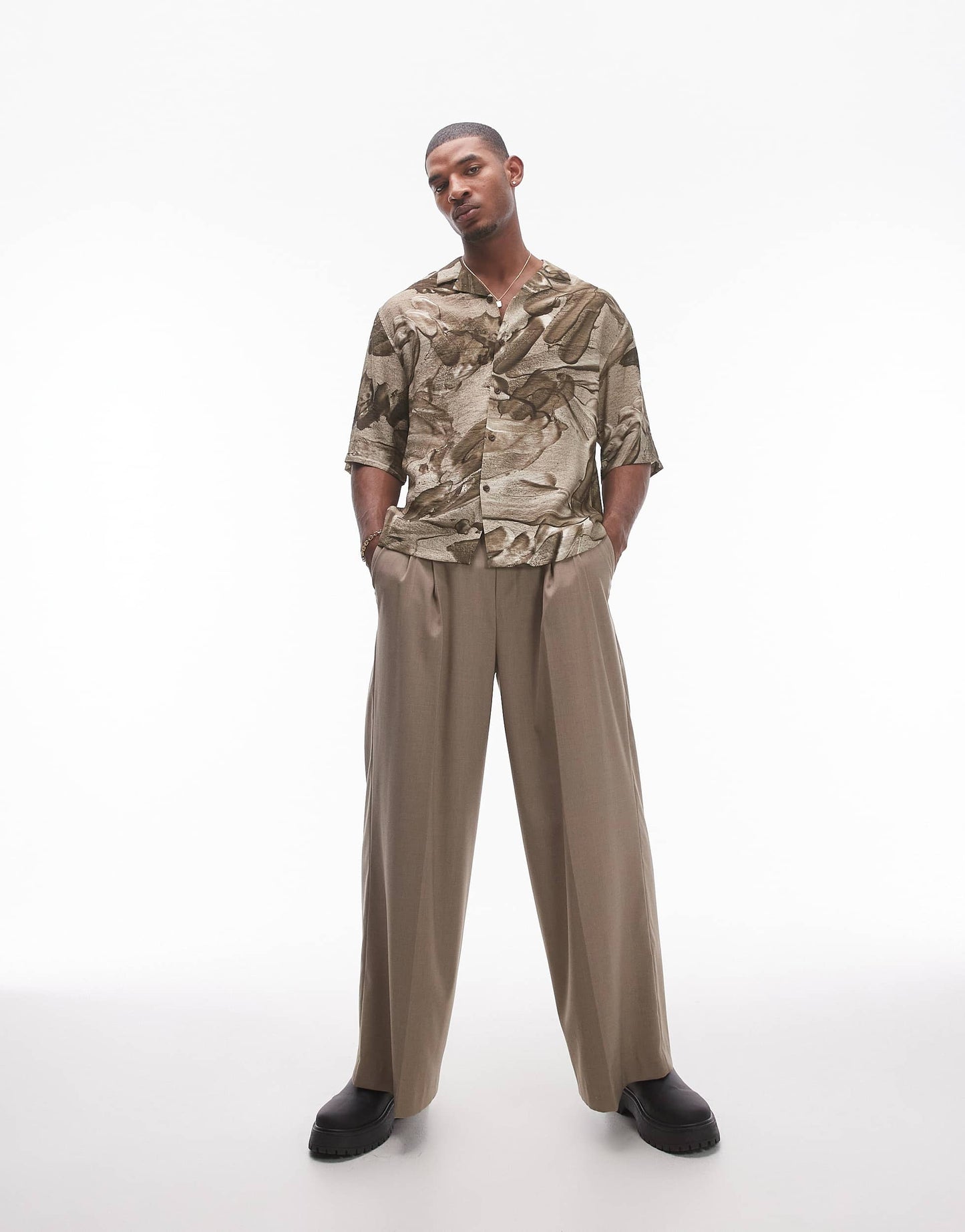 Topman short sleeve relaxed metal print shirt in brown
