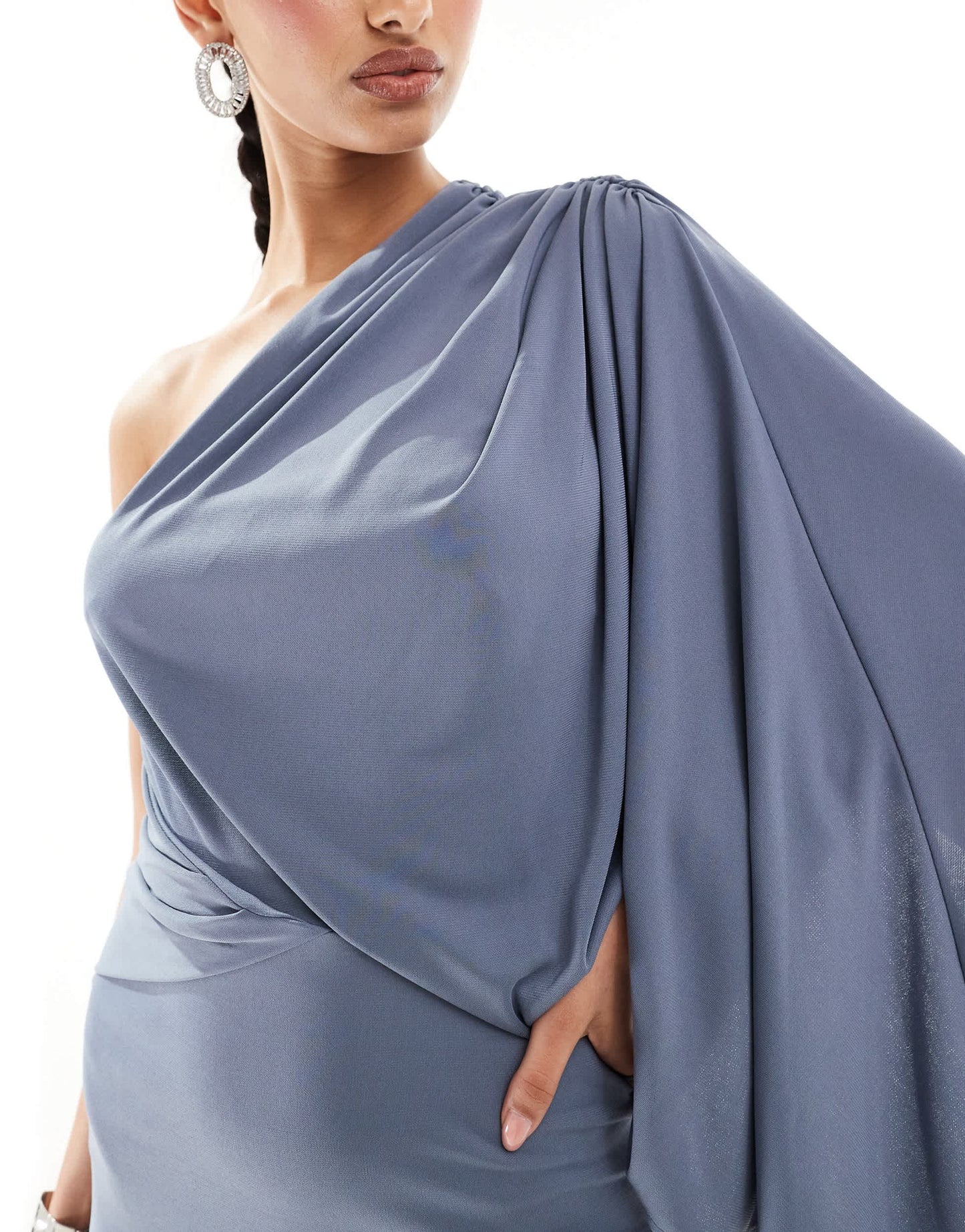 ASOS DESIGN one shoulder premium draped maxi dress with train detail in slate blue