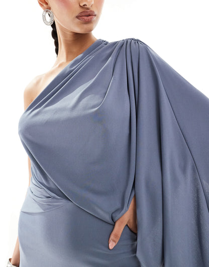ASOS DESIGN one shoulder premium draped maxi dress with train detail in slate blue