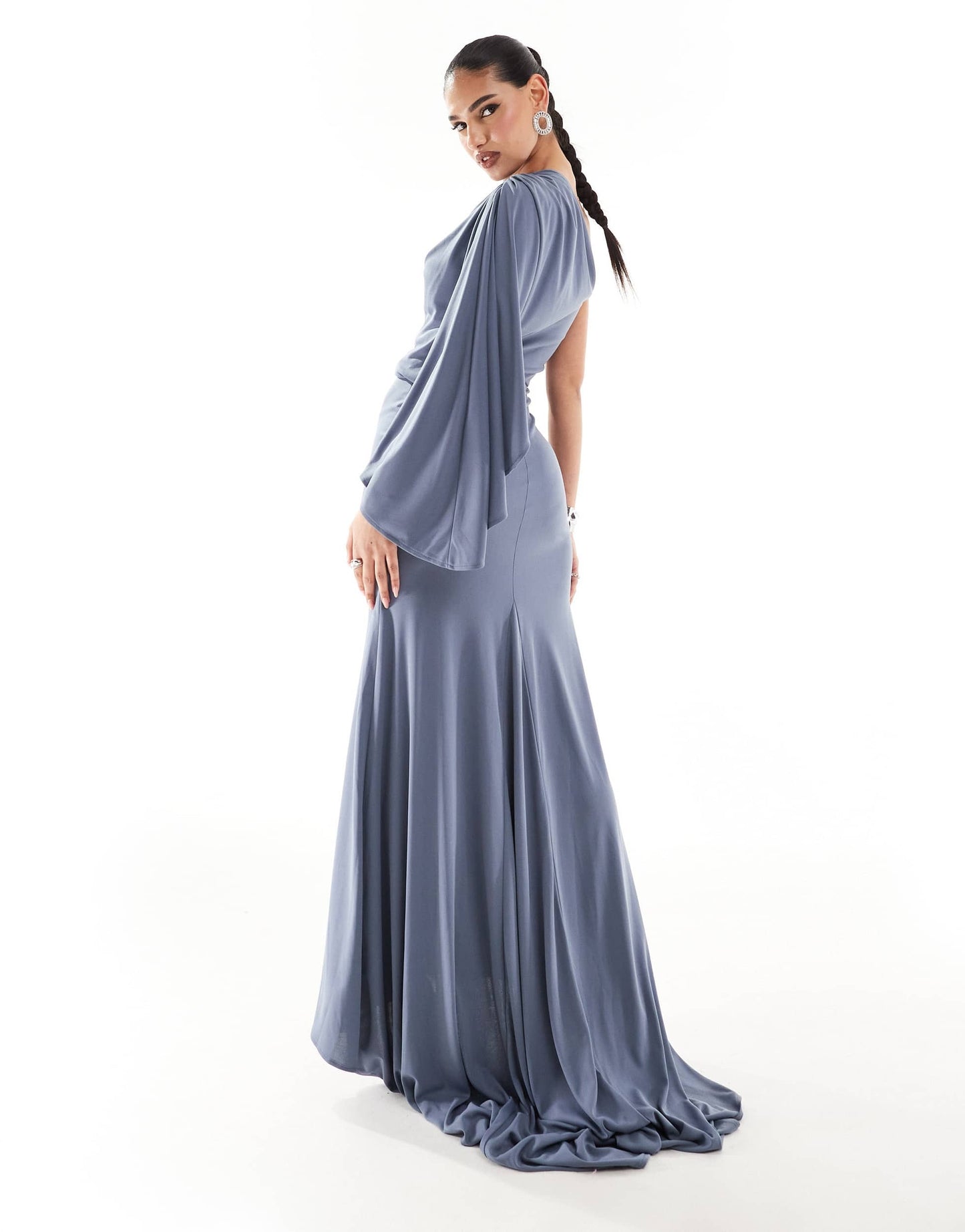 ASOS DESIGN one shoulder premium draped maxi dress with train detail in slate blue