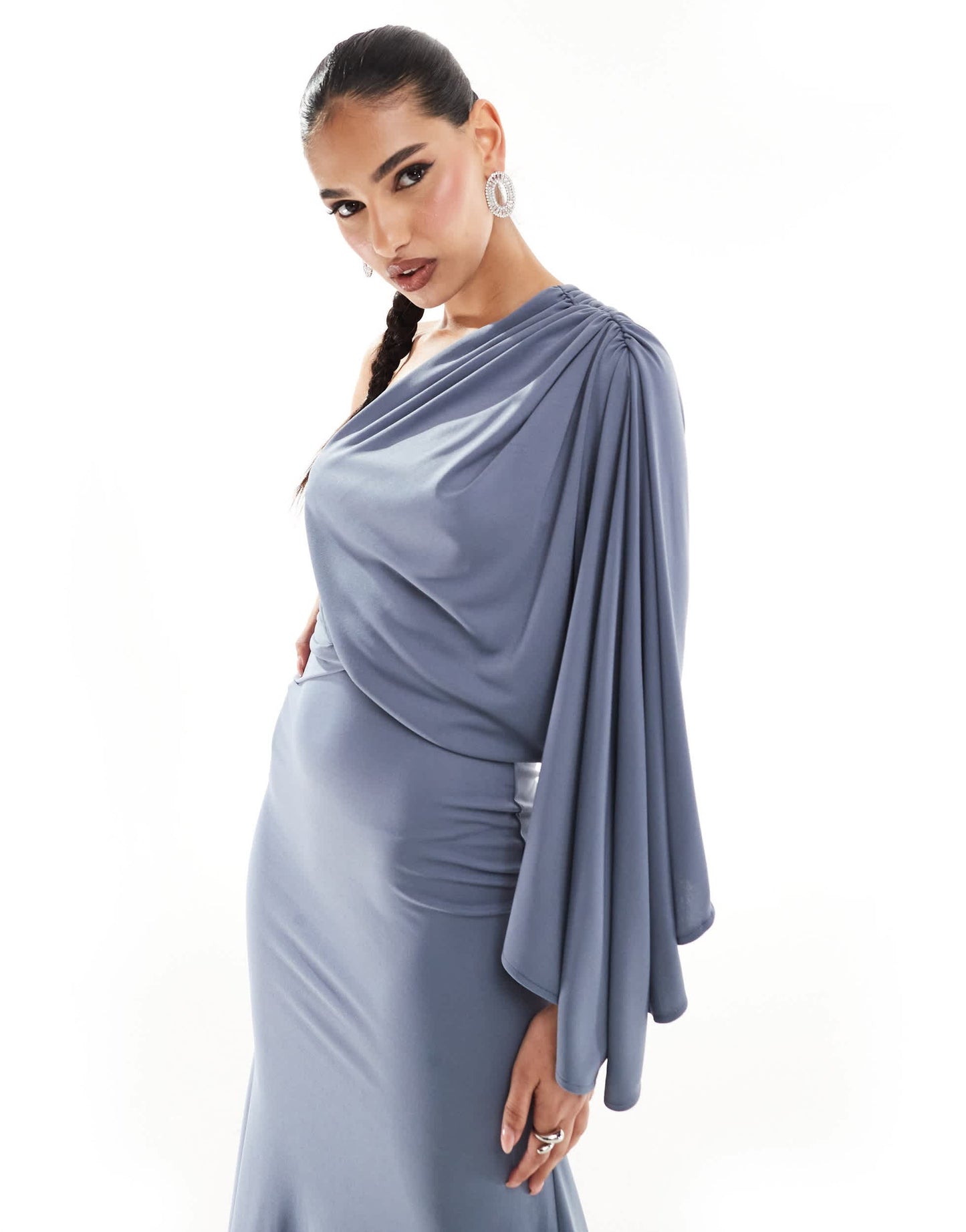 ASOS DESIGN one shoulder premium draped maxi dress with train detail in slate blue