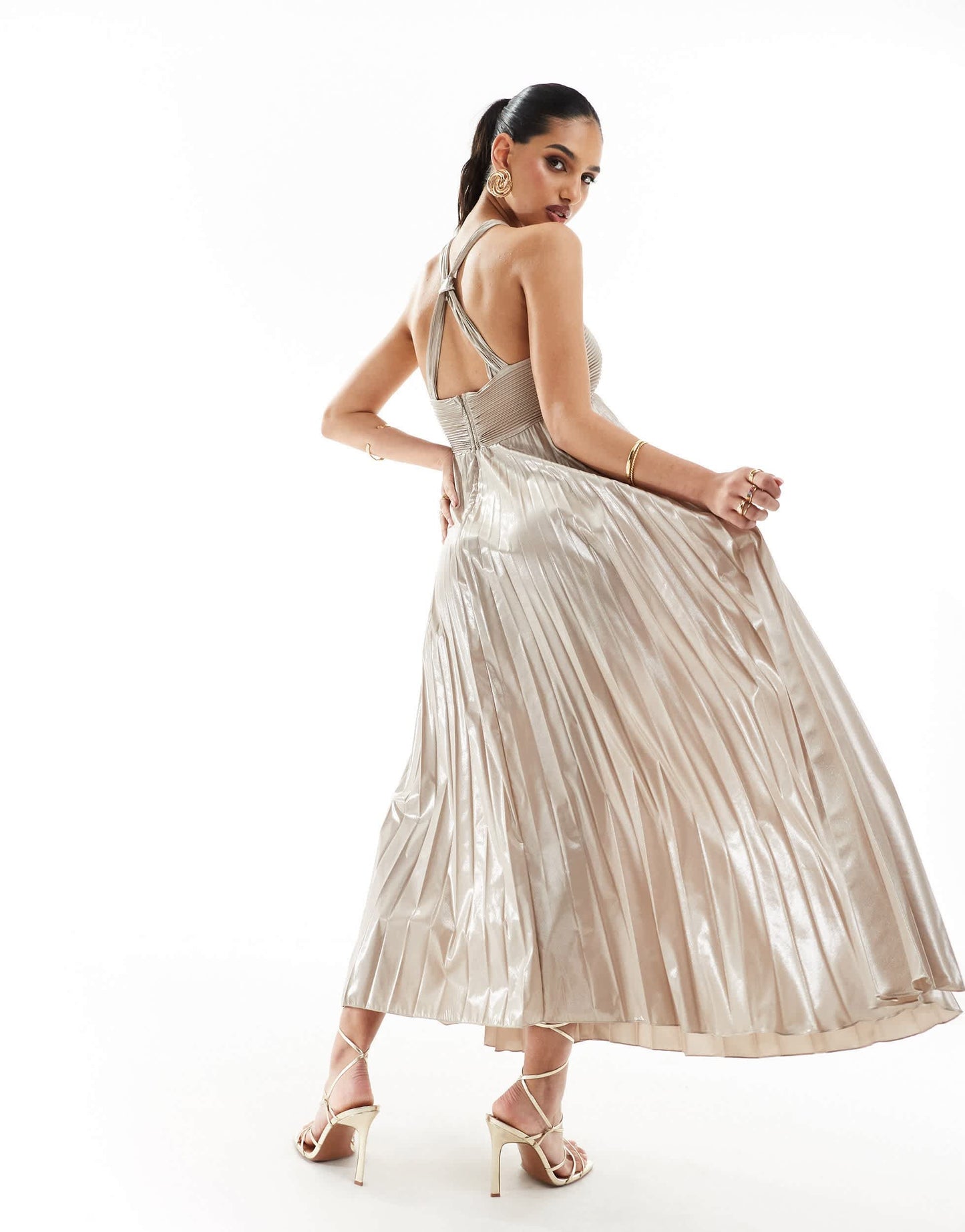 Mango halterneck pleated midi dress in silver