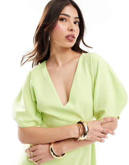 ASOS DESIGN V neck volume sleeve mini dress in lime