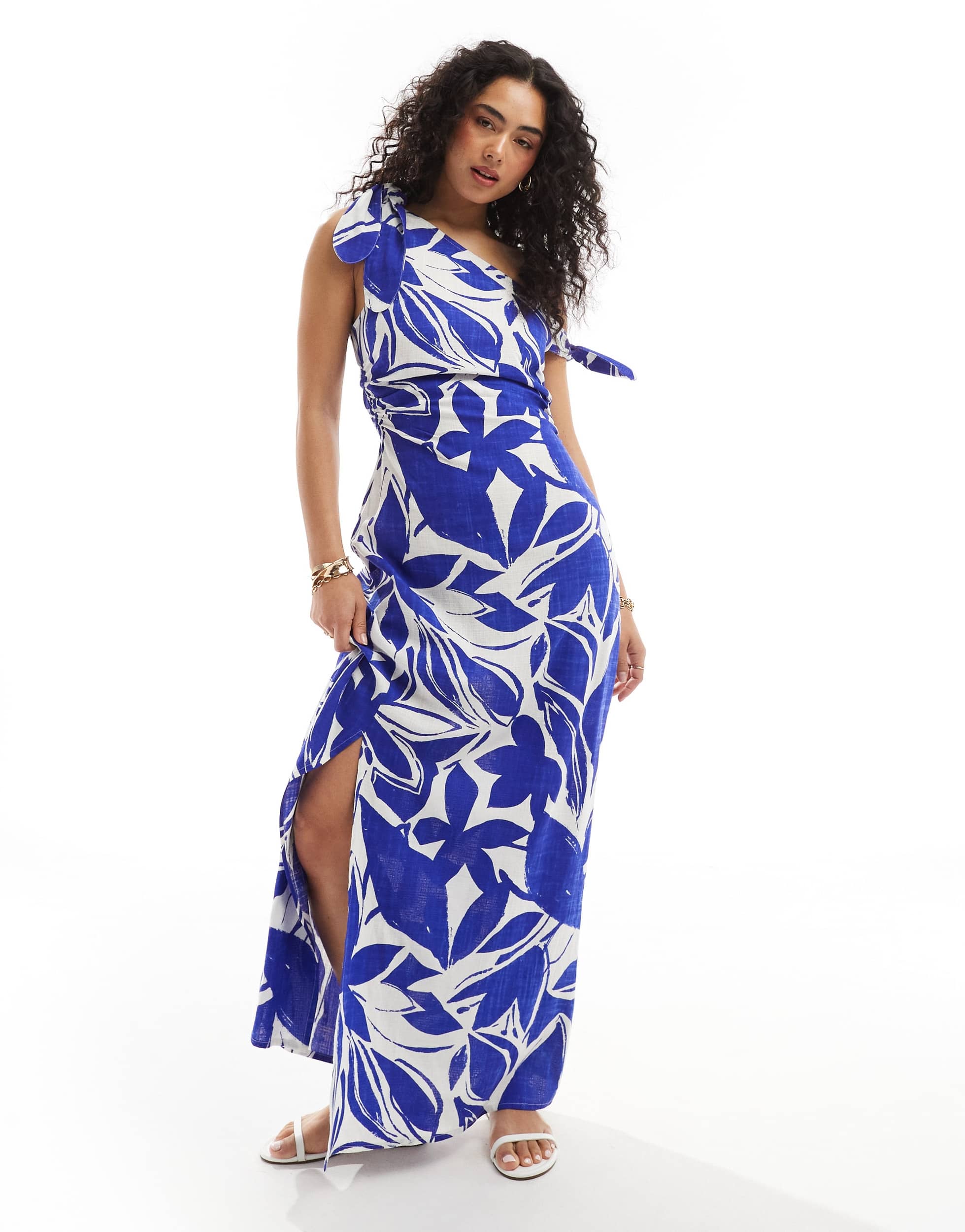 ASOS DESIGN off shoulder linen maxi dress with knot detail in abstract print