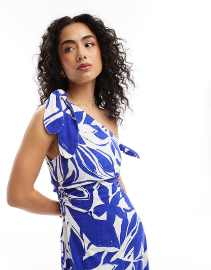 ASOS DESIGN off shoulder linen maxi dress with knot detail in abstract print
