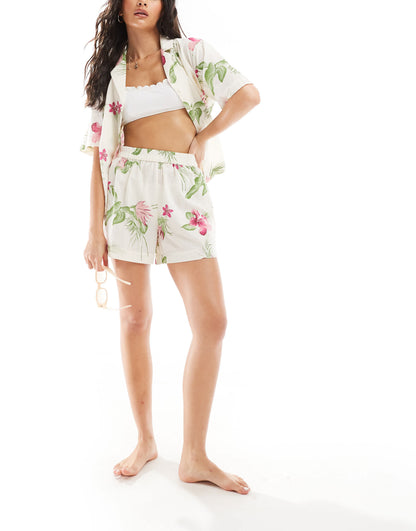 Pieces cotton beach short co-ord in tropical print