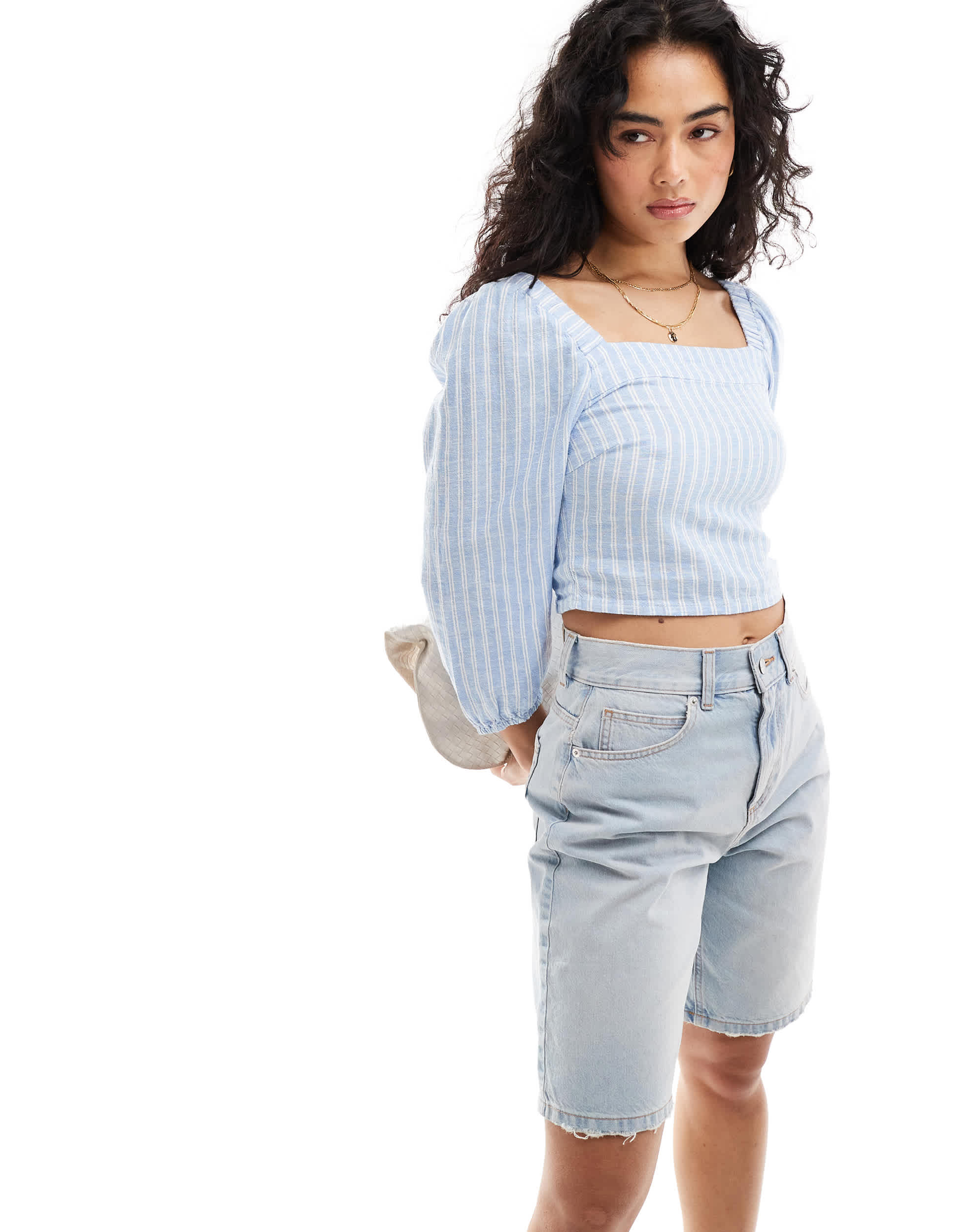 ONLY linen mix 3/4 smock top in blue stripe