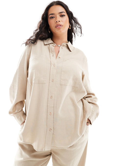 ONLY Curve linen mix long sleeve shirt co-ord in beige
