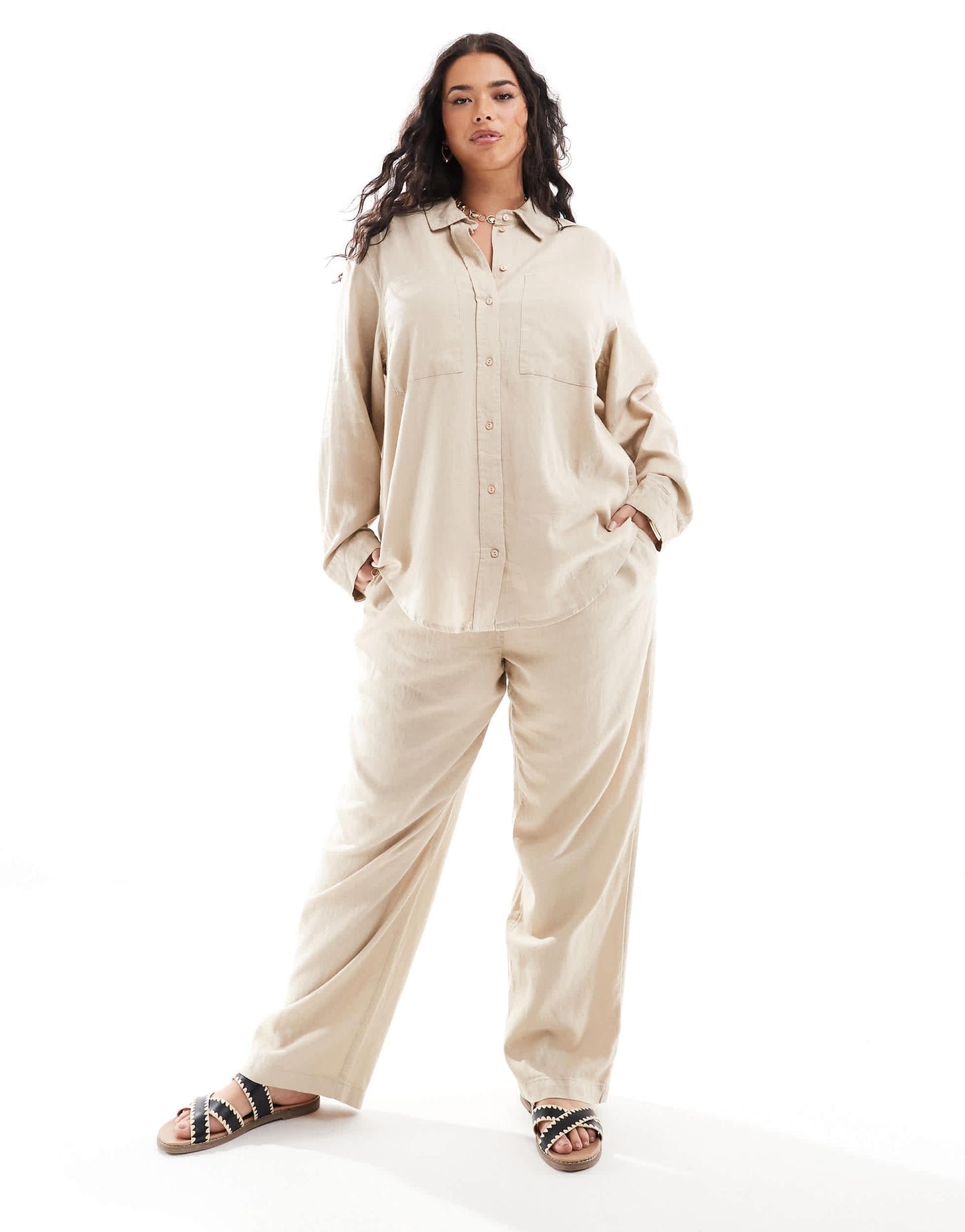 ONLY Curve linen mix long sleeve shirt co-ord in beige
