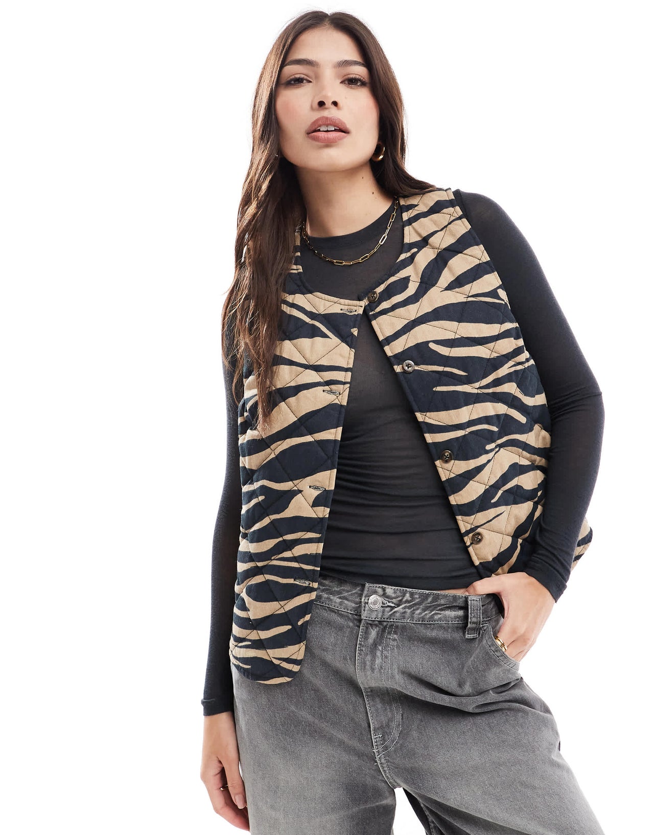 ASOS DESIGN button through quilted vest in animal print