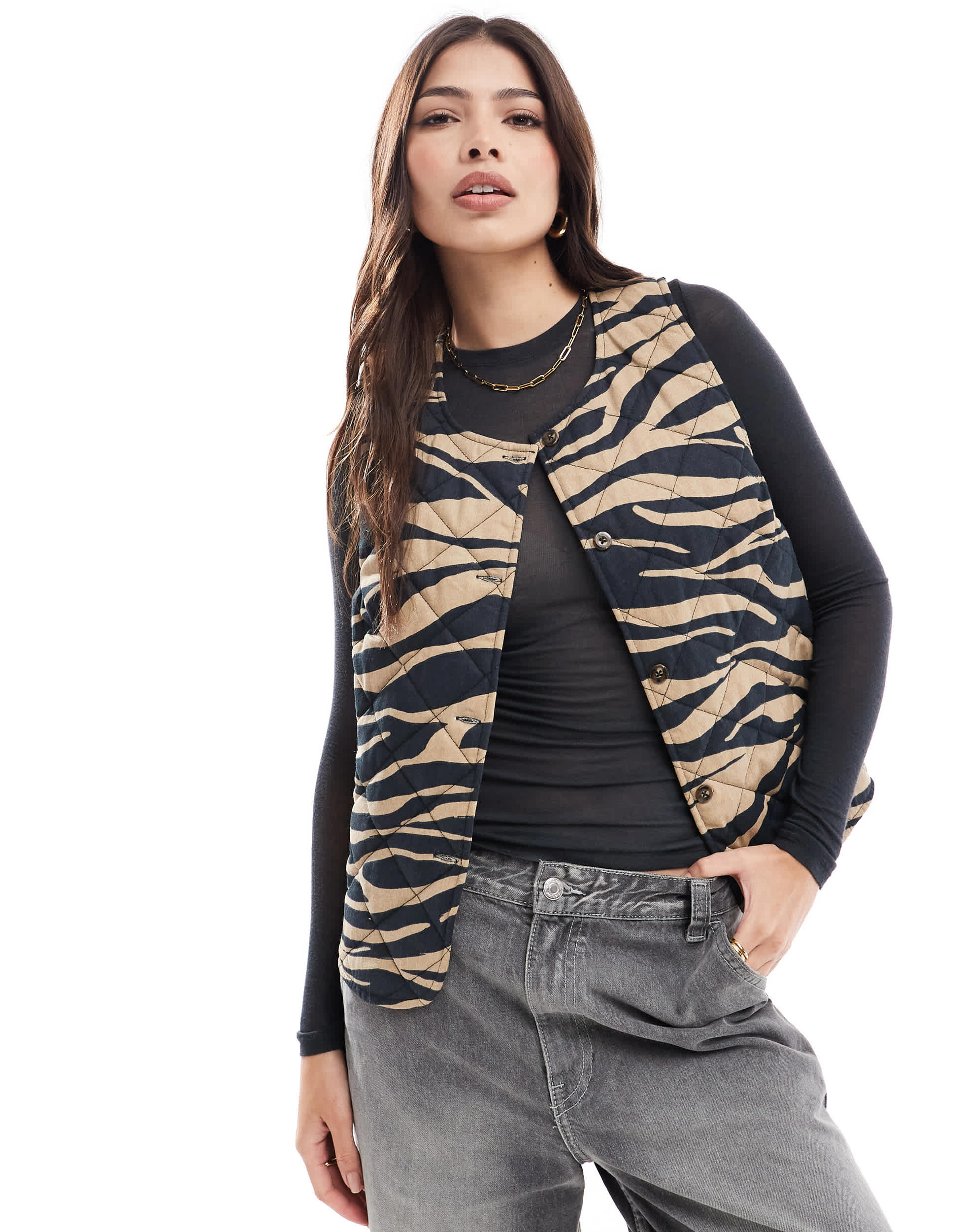 ASOS DESIGN button through quilted vest in animal print