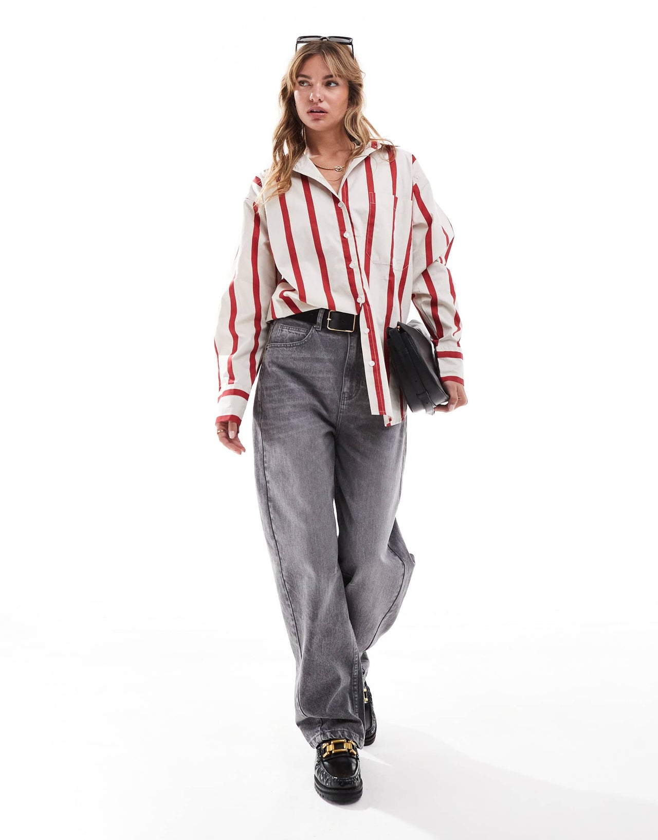 ASOS DESIGN stripe oversized shirt in cream and red