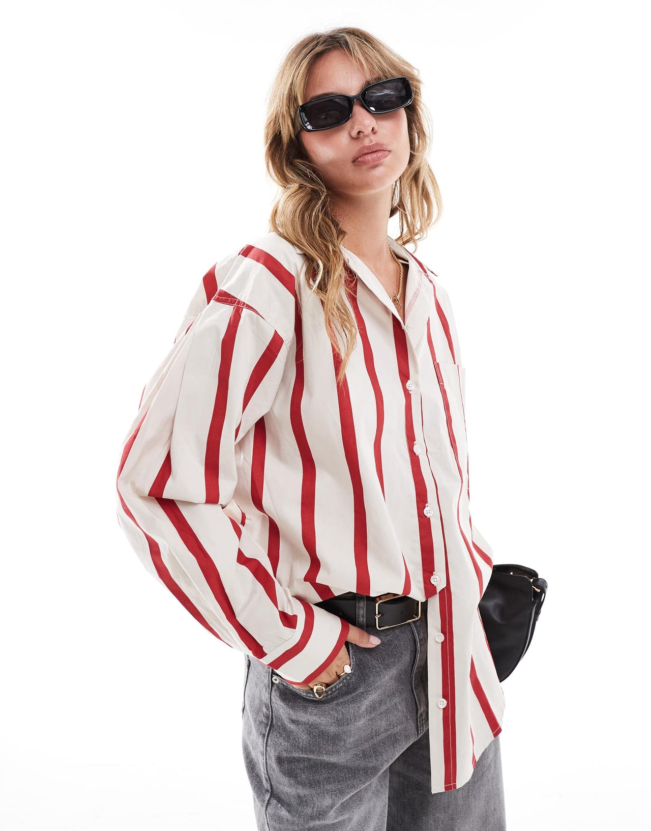 ASOS DESIGN stripe oversized shirt in cream and red