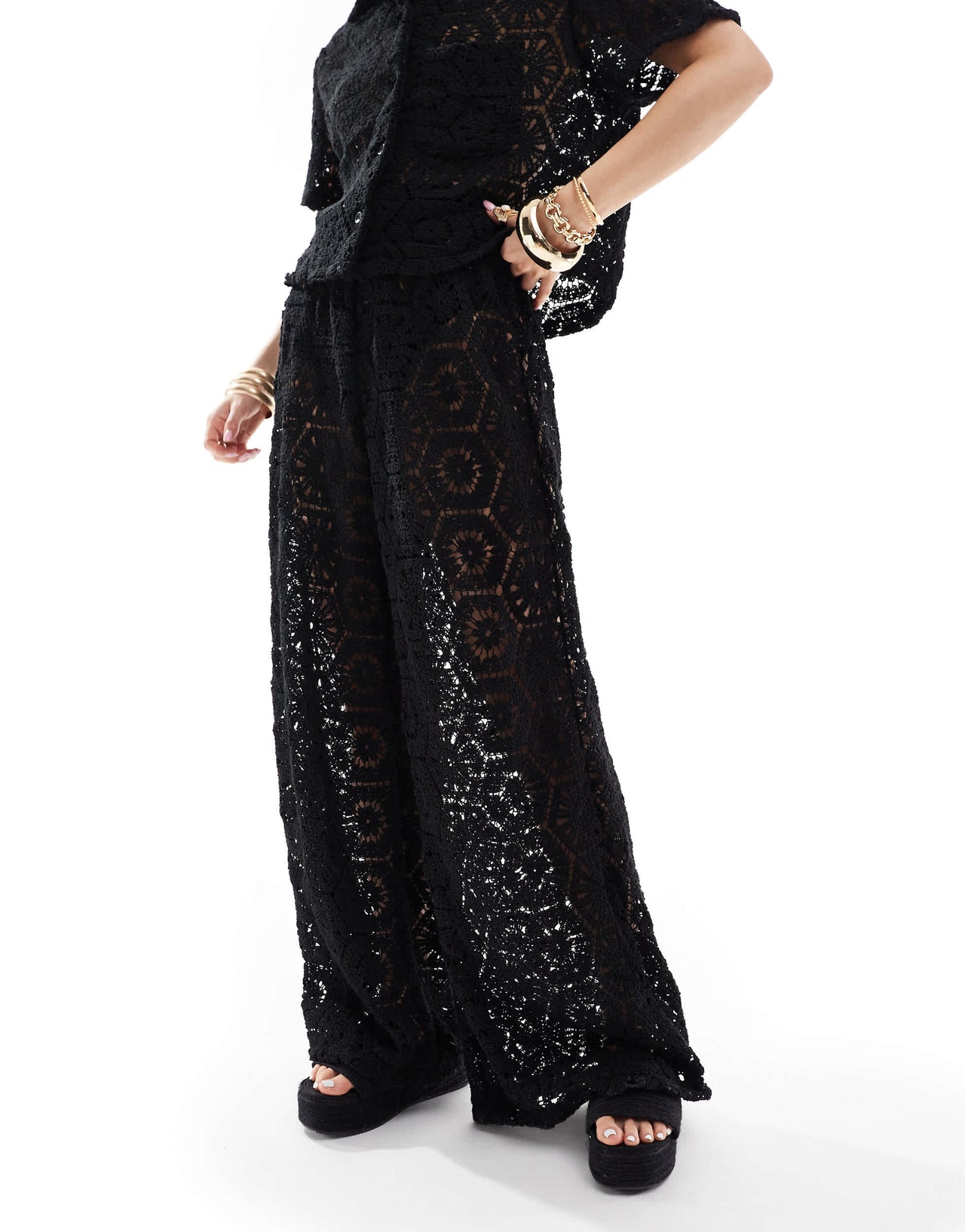 South Beach crochet beach trouser co-ord in black